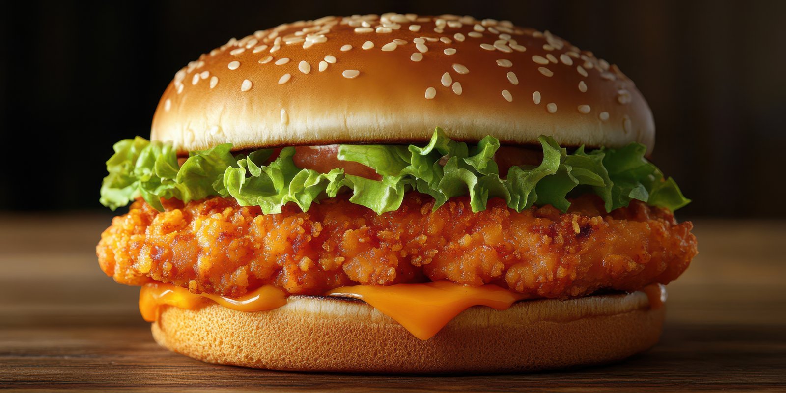 Crispy chicken sandwich topped with lettuce and cheese on a sesame seed bun ready to be enjoyed at a casual dining spot